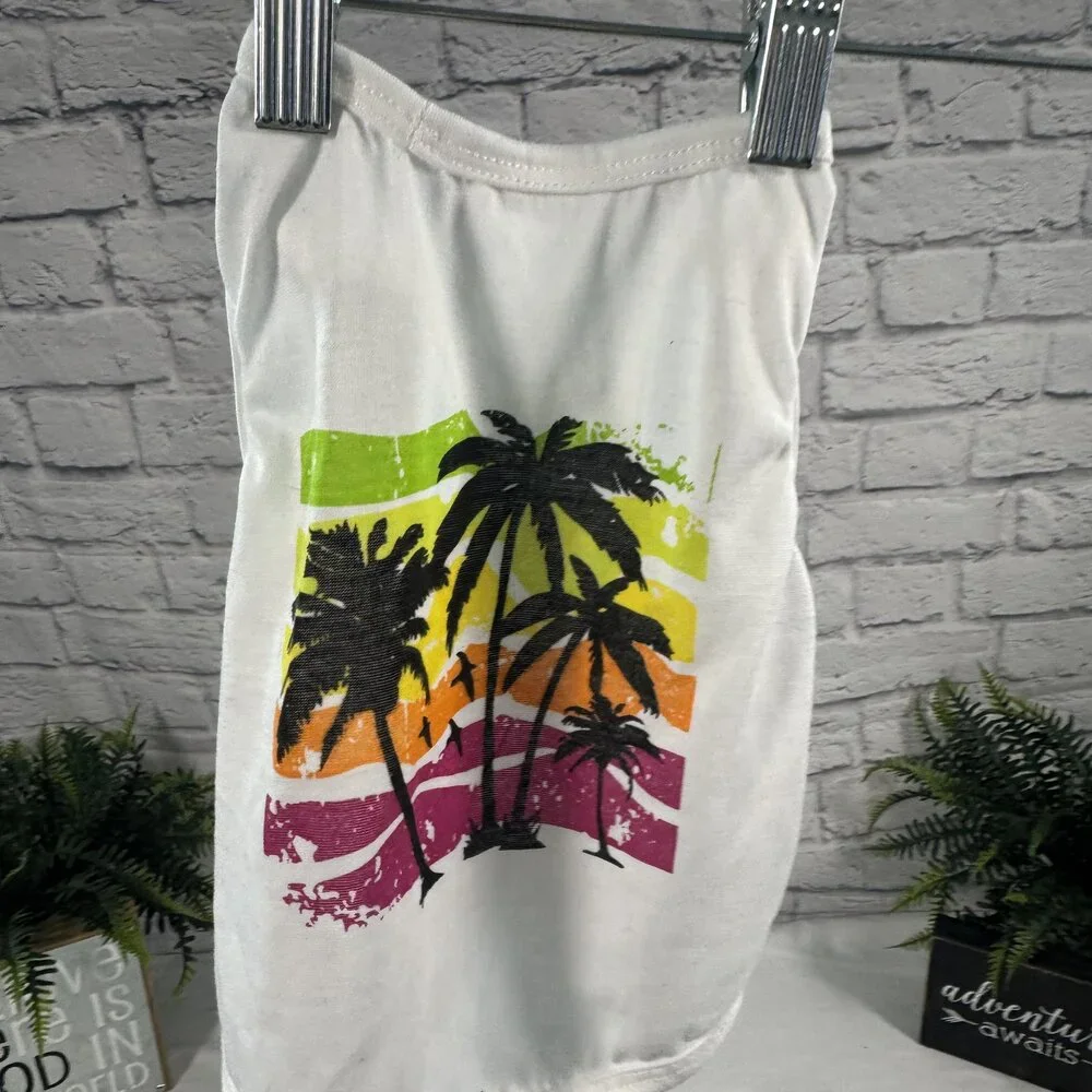 White Palm Tree Sunset Dog Tank Top Size M Tropical Beach Pet Shirt